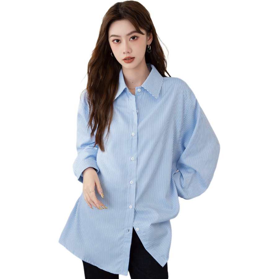 BALENO Casual Everyday Commute Classic Stripes Lapel Shirt Mid Length Thin Breathable Loose Fit Long Sleeved Shirt