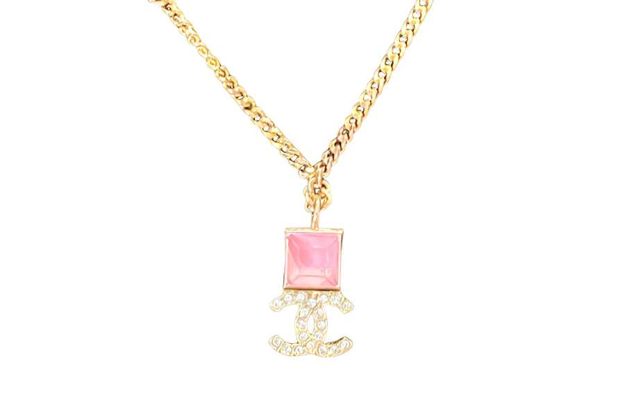 CHANEL Double C Rhinestone Necklaces Unisex Gold