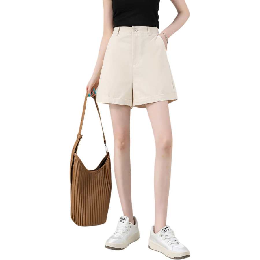 BALENO Outerwear Fashion High Rise Solid Color Thin Cuffed Wide Leg Pants Petite Casual Shorts Summer Women's