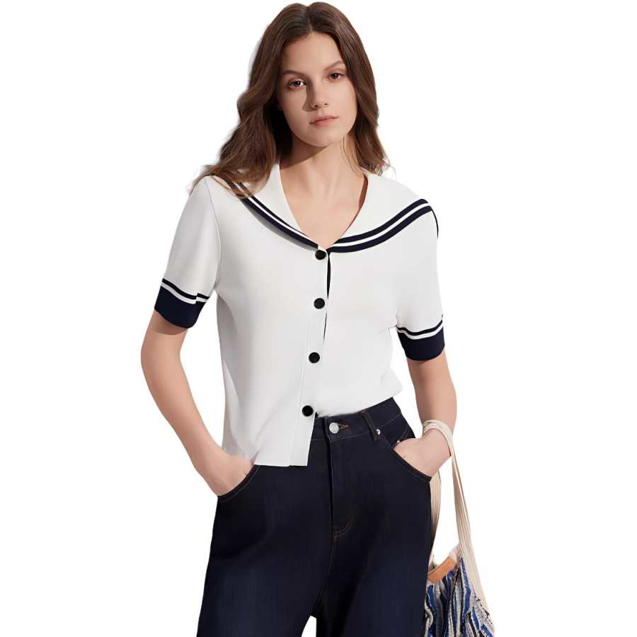 ELLE Knitwear Women's White Navy Collar Moderate Cardigan