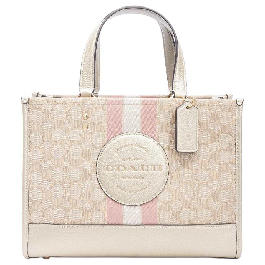 COACH Dempsey Fabric With Leather And Calfskin Tote Bag, Shopping Bag, Handbag Large Women's Khaki & Pink White