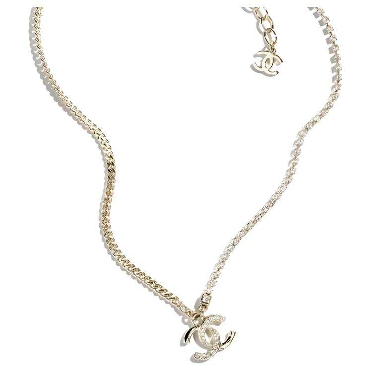 CHANEL Double C Rhinestone Necklaces Women's Gold