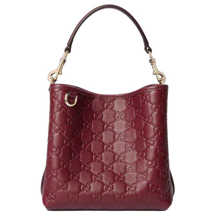 GUCCI GG Emblem Leather Bucket Bag Handbag Small Women's Dark Red