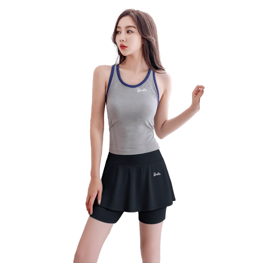 Barbie Fitness Sets Women's Linen Gray+Black U Neck Thin