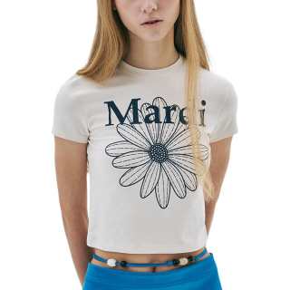 MARDI MERCREDI SS25 CROPPED TSHIRT FLOWERMARDI_CREAM NAVY Crop Top Korean Style Women's White/Marine Blue