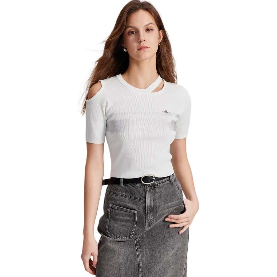 ELLE Knitwear Women's White Crew Neck Thin Irregular