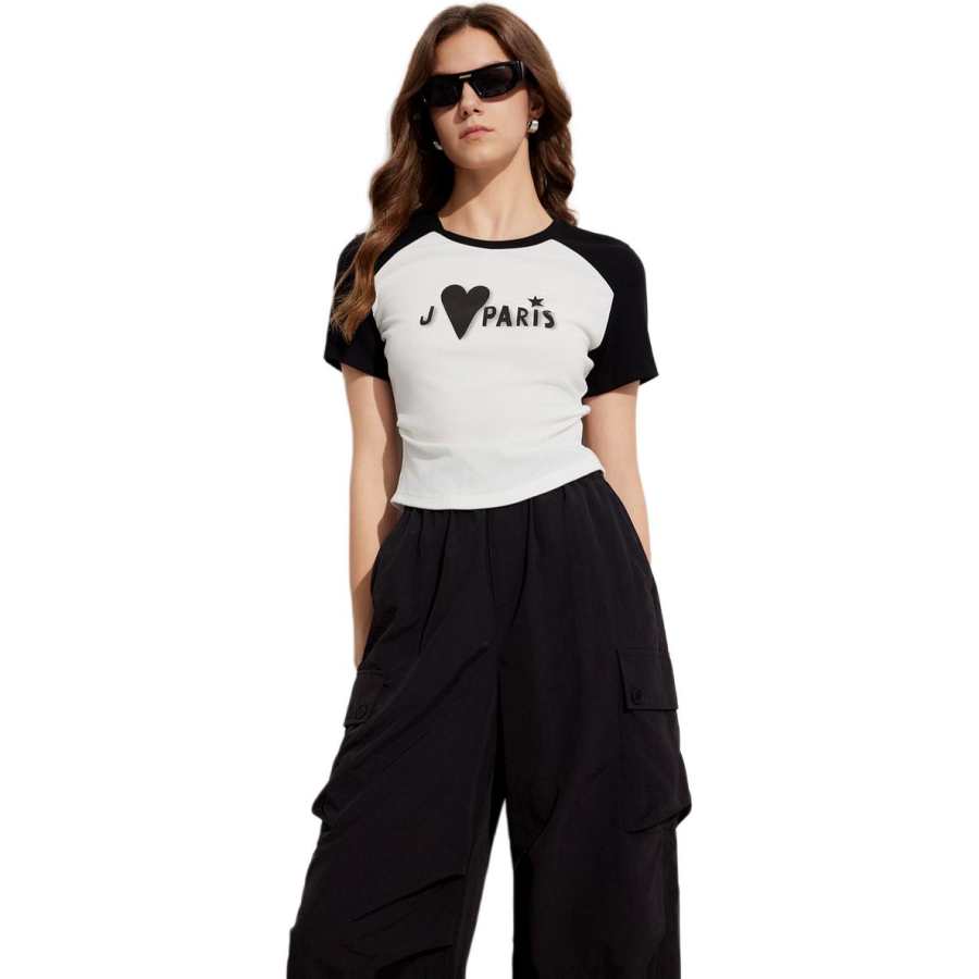 ELLE T Shirts Women's Black Crew Neck Moderate Straight Fit