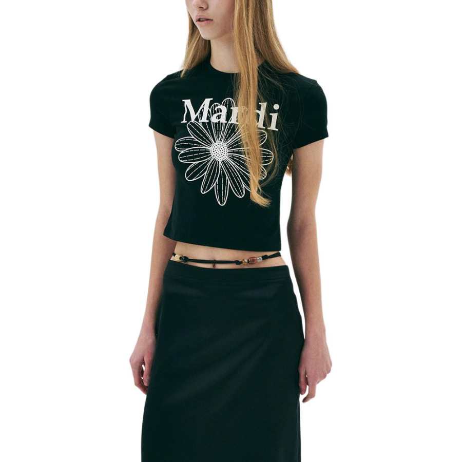 MARDI MERCREDI SS25 CROPPED TSHIRT FLOWERMARDI_BLACK IVORY Crop Top Korean Style Women's Black/Ivory