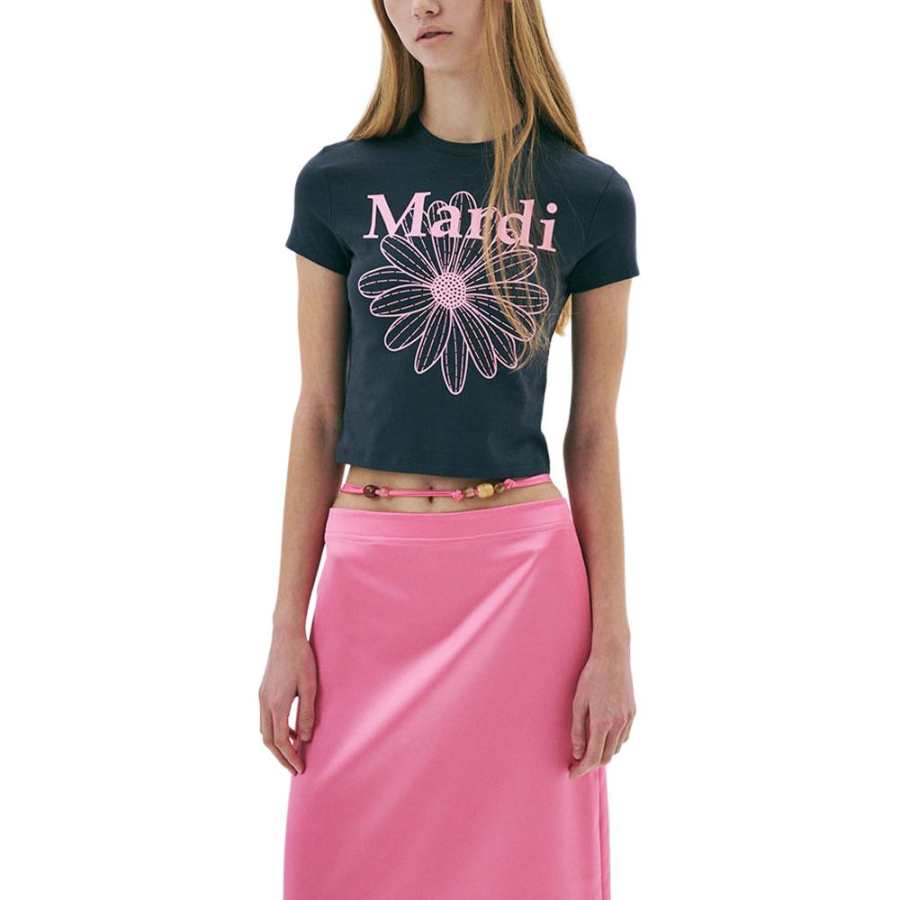MARDI MERCREDI SS25 CROPPED TSHIRT FLOWERMARDI_CHARCOAL PINK Crop Top Korean Style Women's Black/Pink