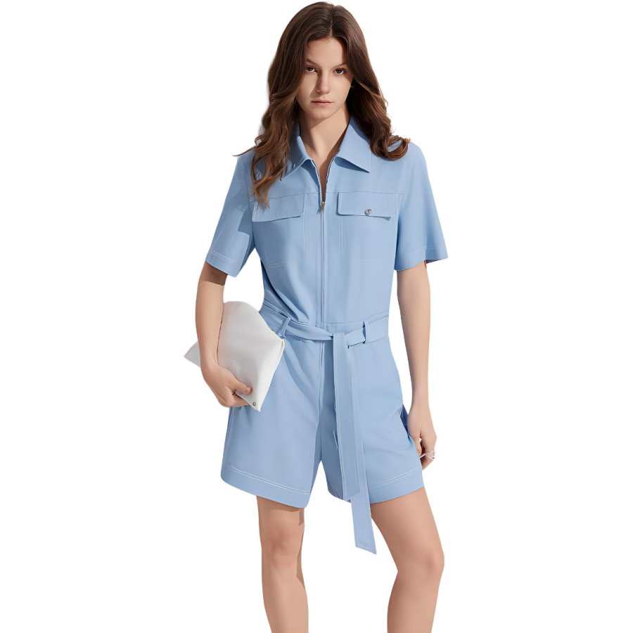 ELLE Bodysuits Women's Blue Lapel Straight Fit