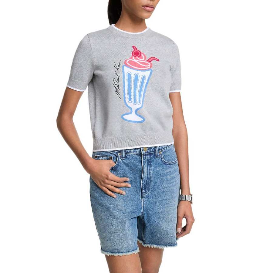 MICHAEL KORS Graphic Knit Short Sleeve Sweater