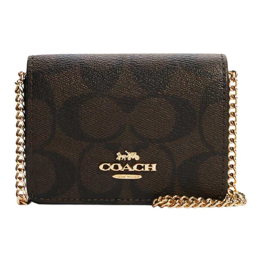 COACH Chain Canvas With Leather Chain Wallet, Crossbody Bag, Shoulder Bag Mini Women's Dark Brown