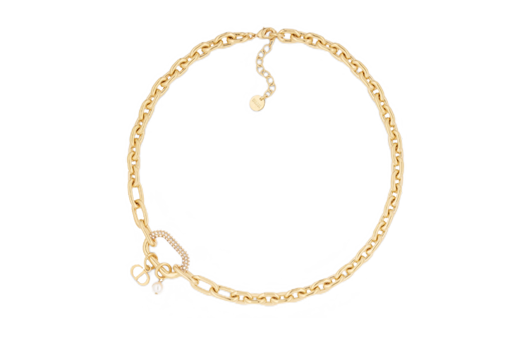 DIOR Saddle Metal Resin Faux Crystal Necklaces Unisex Gold