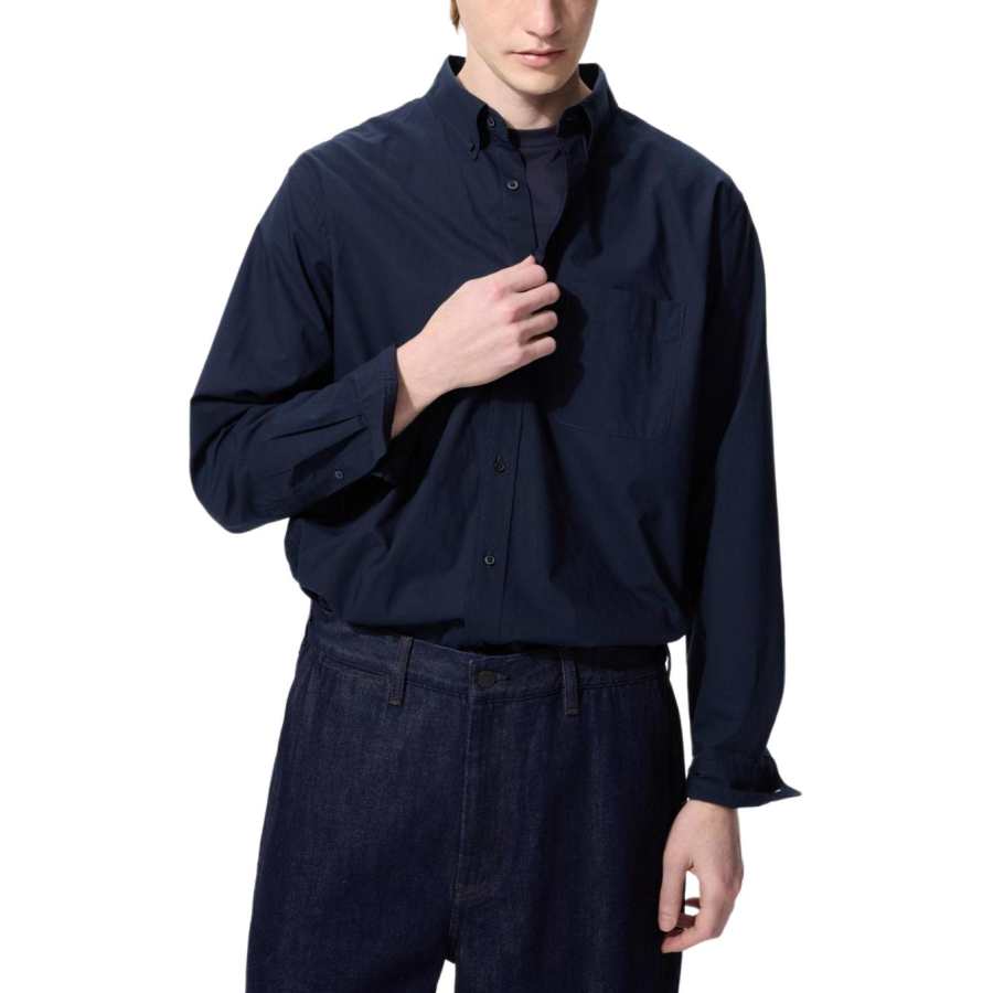 UNIQLO Shirts Unisex Navy Blue Lapel Moderate
