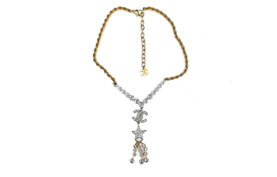 Chanel 2008 Gold Plated Rhinestone Cc Logo and Heart Pendant Necklace costume necklace