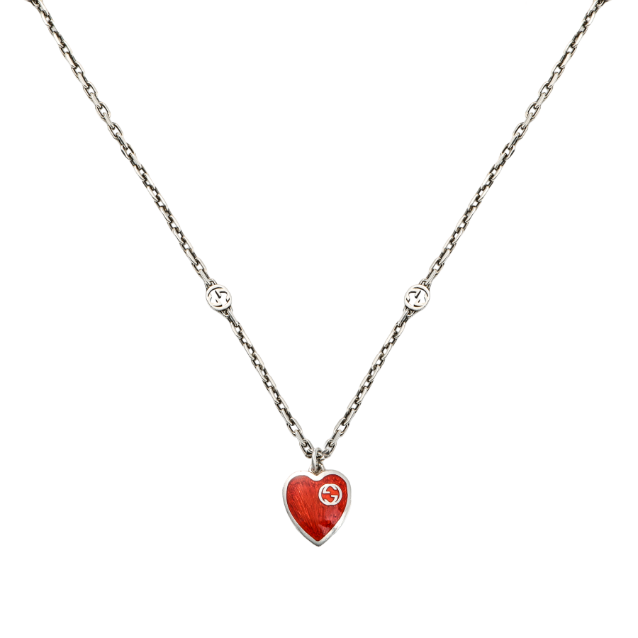 GUCCI Interlocking 925 Sterling Silver Necklaces Women's Silver/Red