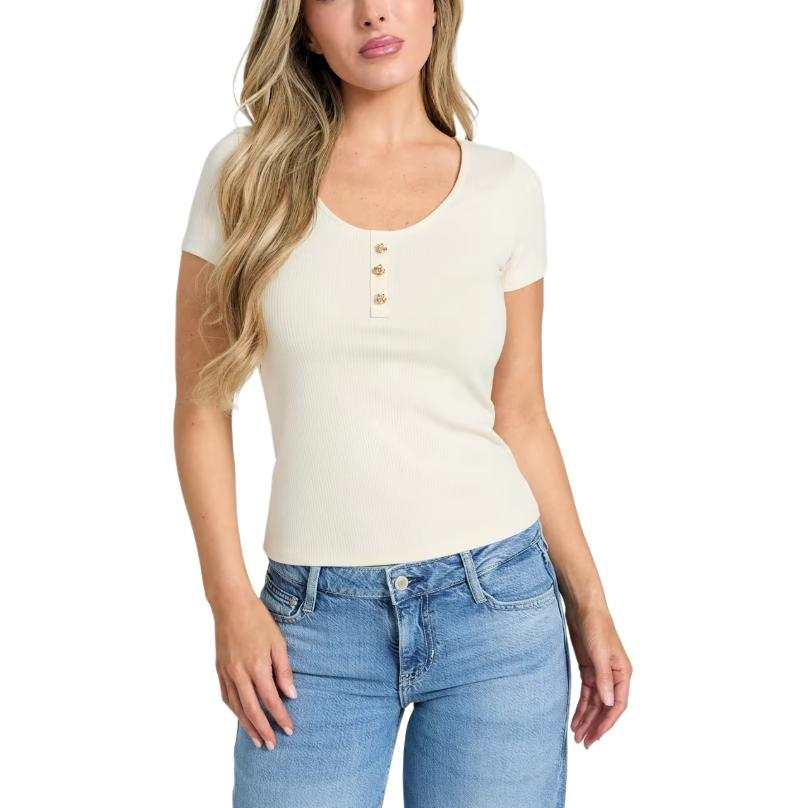 GUESS T Shirts Women's Beige Crew Neck Moderate Straight Fit