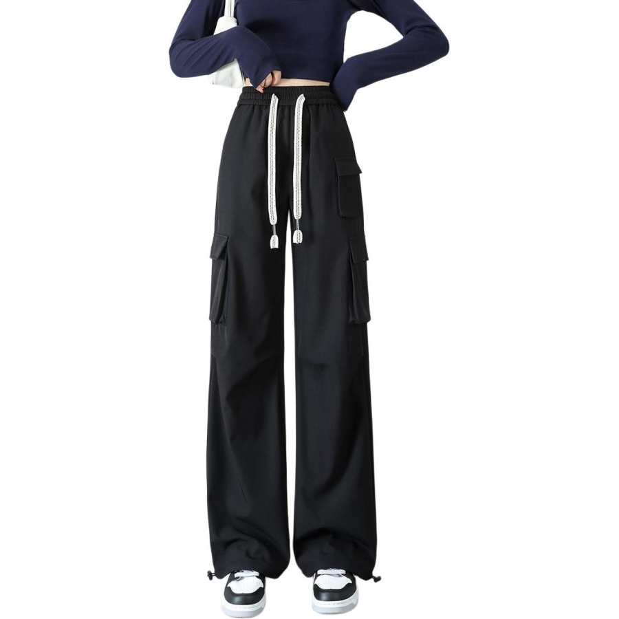 BALENO Solid Color Large Pocket High Rise Pants, Versatile Fashion Loose Fit Pants, Straight Fit Draped Casual Pants