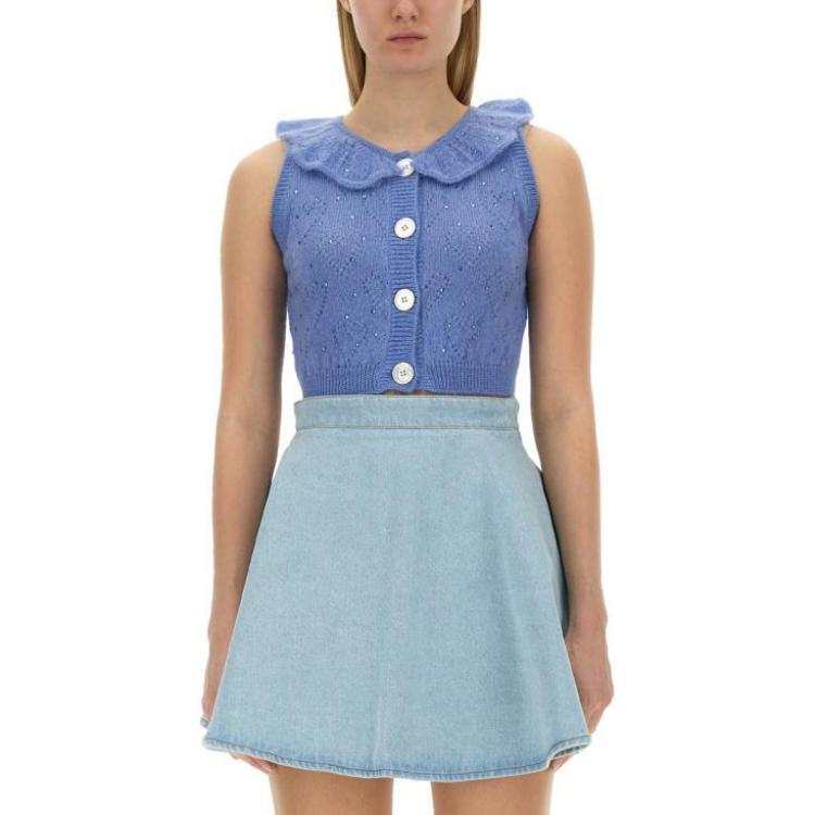 Alessandra Rich Ruffled Neck Cropped Knitted Sleeveless Top