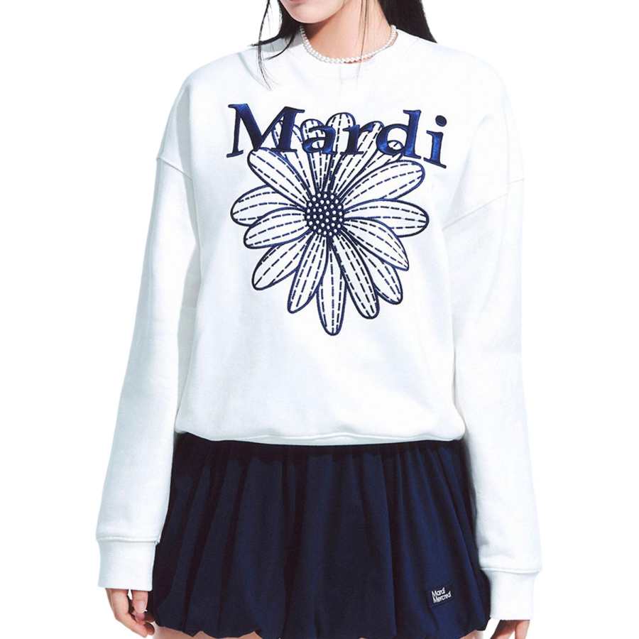 MARDI MERCREDI SS25 SWEATSHIRT FLOWERMARDI NEEDLEWORK_WHITE NAVY Sweatshirt Korean Style Women's White/Marine Blue