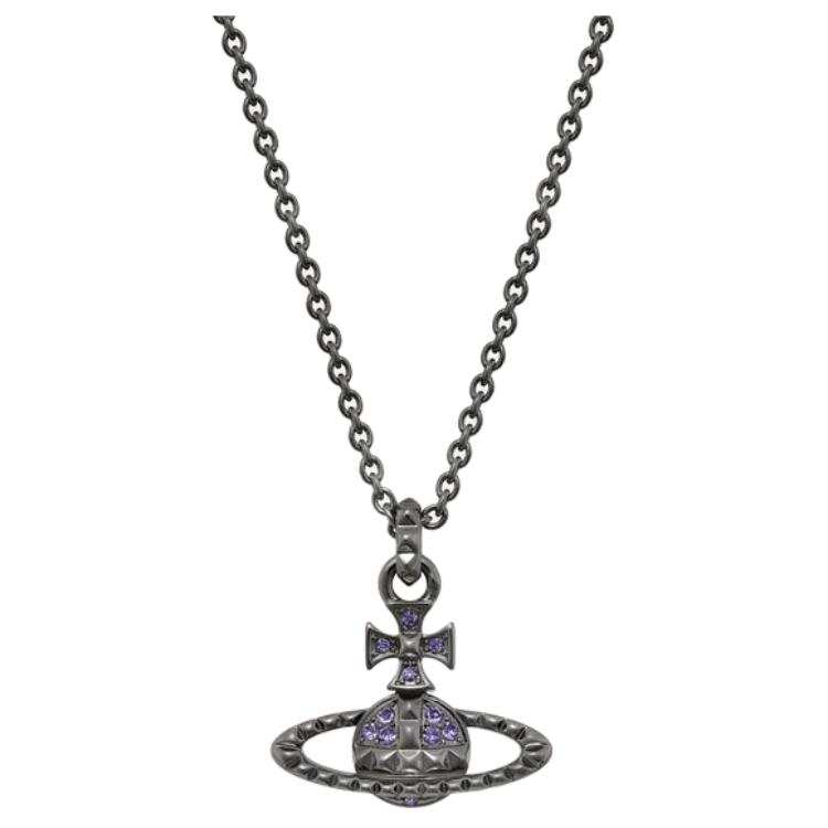 Vivienne Westwood Mayfair Bas Relief Pendant Brass Necklaces Unisex Gunmetal Gray/Purple Diamond