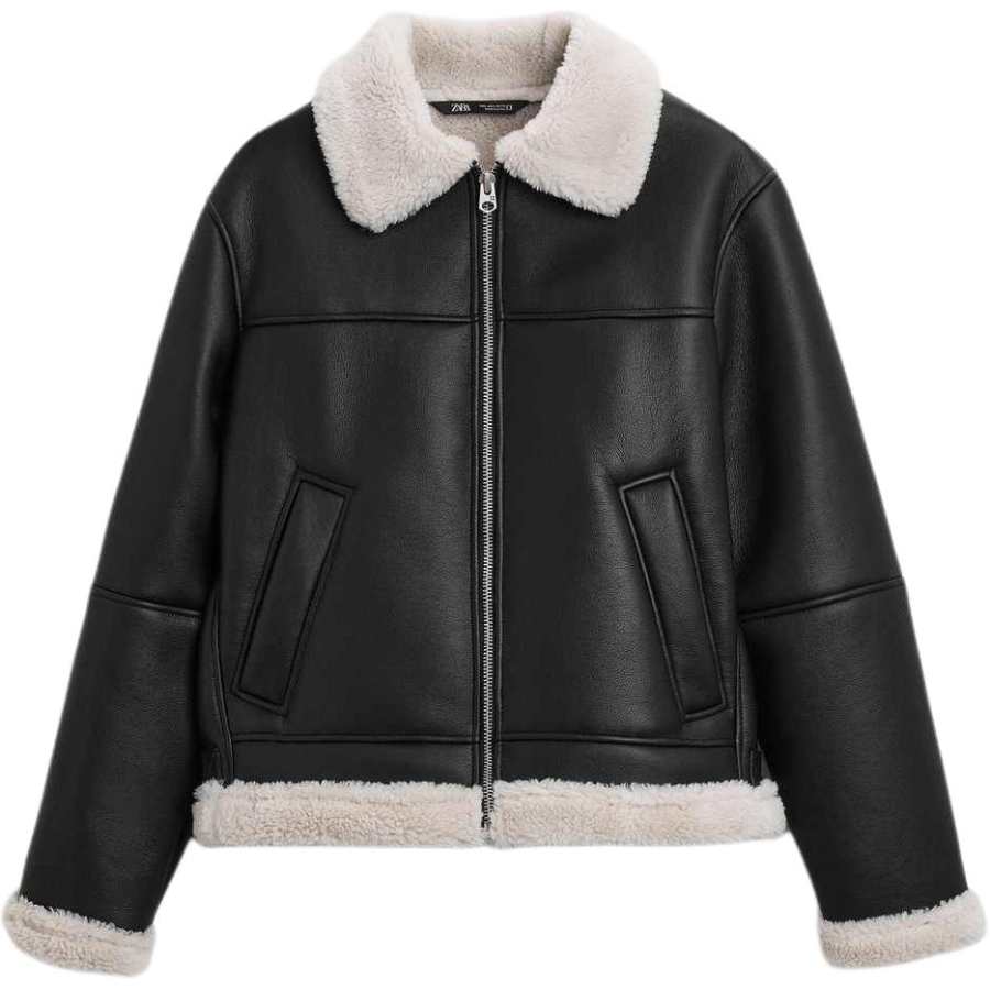 ZARA Faux Leather Fleece Lined Loose Fit Lapel Leather Jacket Men's Black