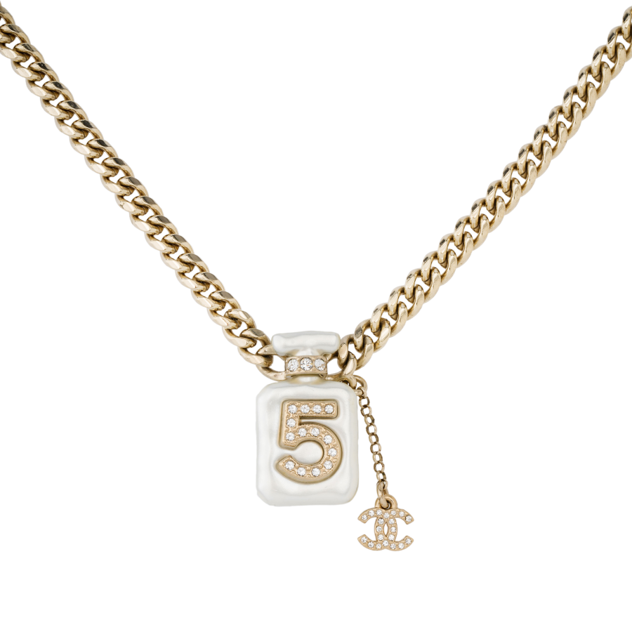 Chanel 2022 Plated Cc Resin and Rhinestones No. 5 Perfume Bottle Pendant Necklace costume necklace