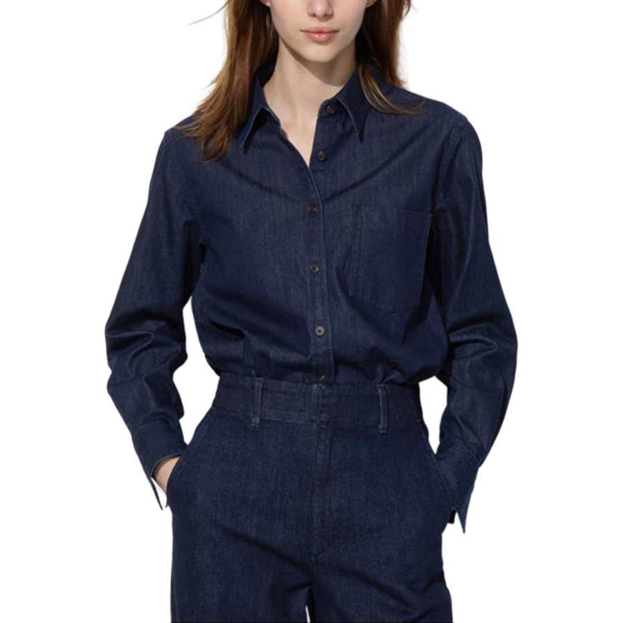 UNIQLO Shirts Women's Navy Blue Lapel Thin Denim