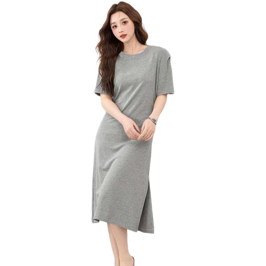 BALENO Solid Color Split Elastic Waistband Design Elegant Casual Fashion Long Skirt Short Sleeved Dress Summer Women's