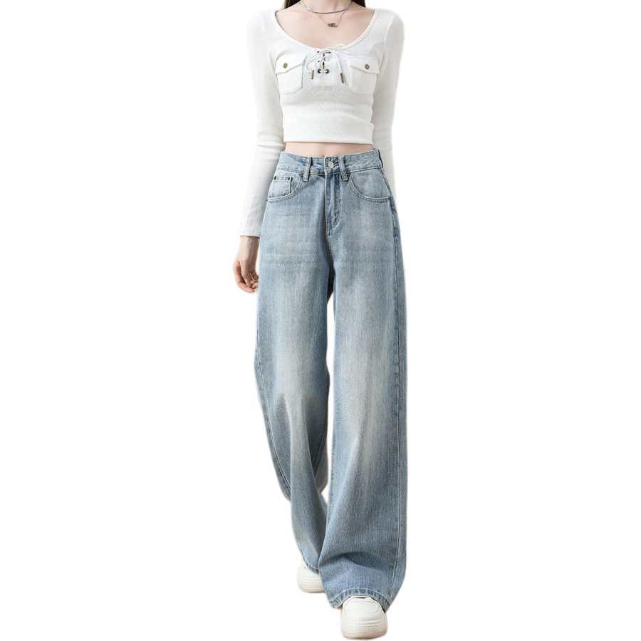 BALENO Jeans Women's Washed Blue Summer Thin Moderate Wide Leg Pants