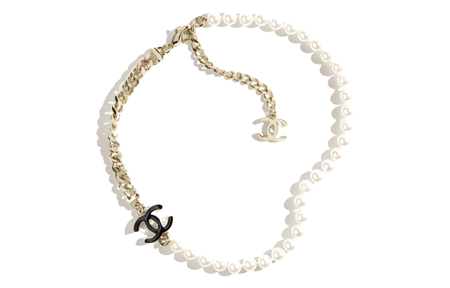 CHANEL Double C Metal, Artificial Pearl Necklaces Women's Ecru