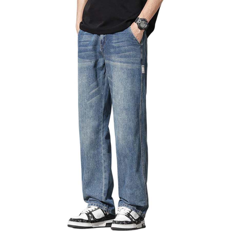 Tonlion Thickened And Fleece Lined Casual Korean Style Versatile Business Casual Straight Fit Jeans Unisex Vintage Blue