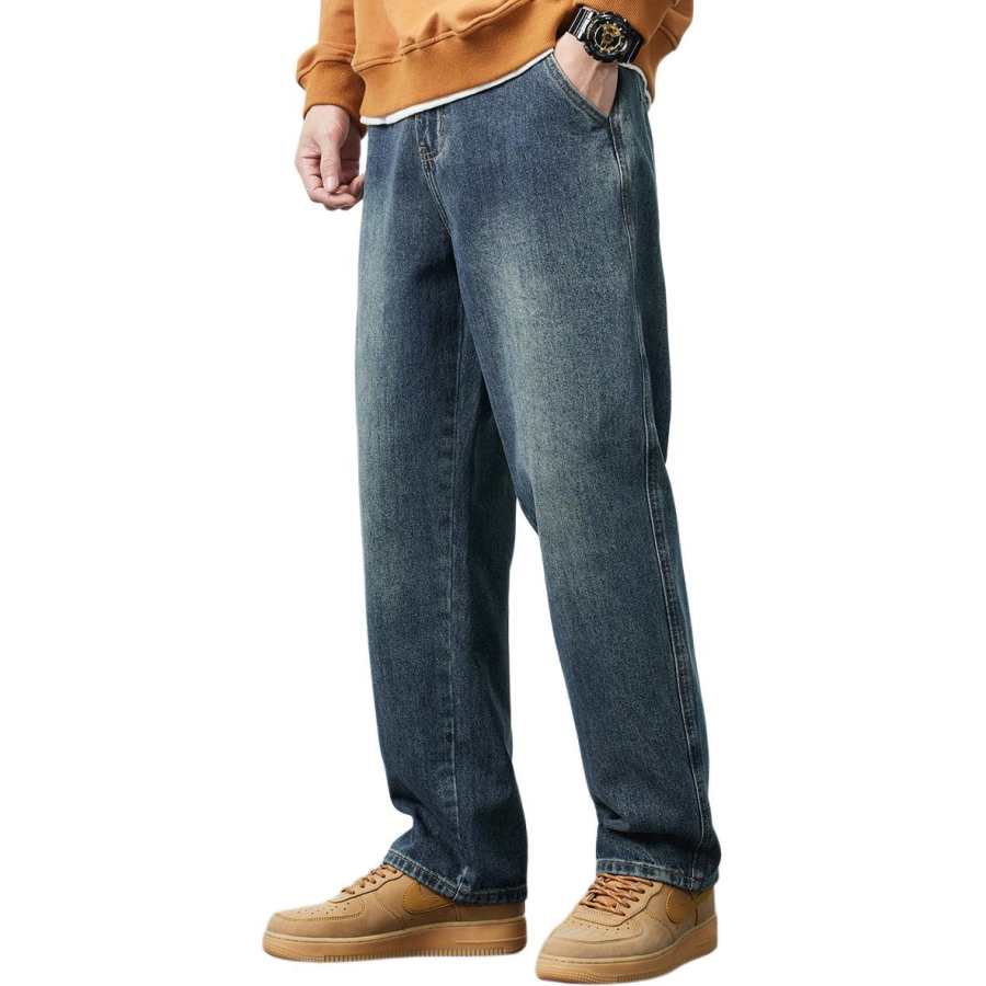 Tonlion Thickened And Fleece Lined Youth Casual Korean Style Loose Fit Wide Leg Pants Jeans Unisex Vintage Blue