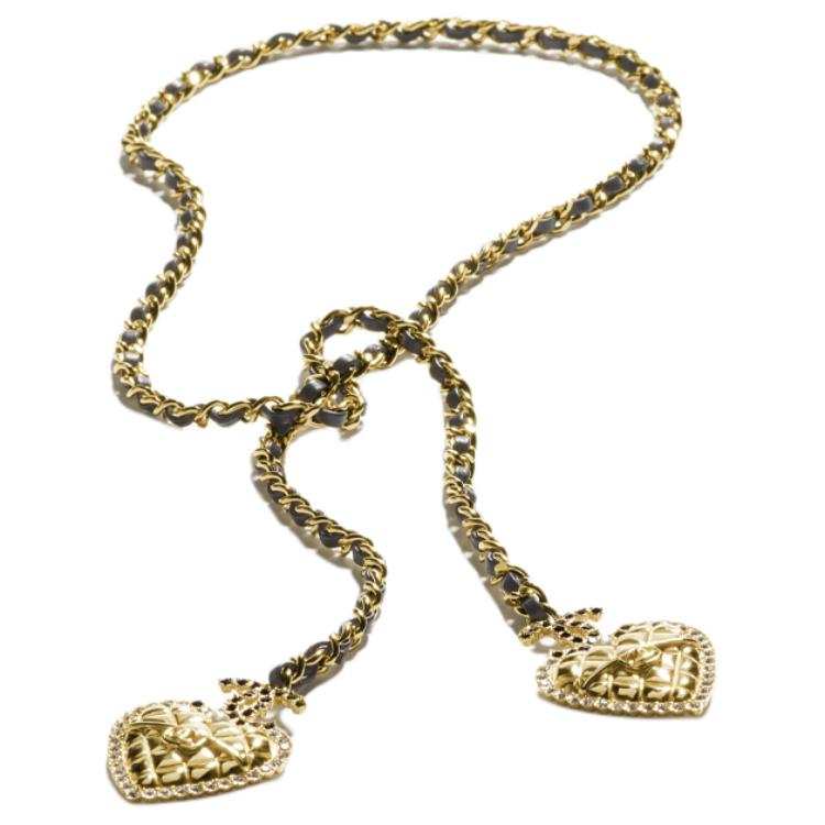 CHANEL Heart Shape Metal, Lambskin, Glazed Pearls, Rhinestone Necklaces Unisex Black