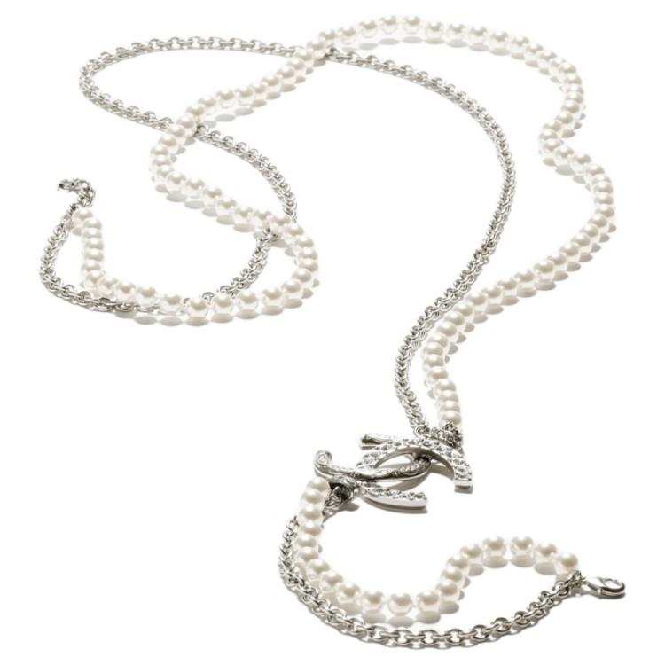 CHANEL Double C Metal, Artificial Pearl, Rhinestone Necklaces Unisex Silver