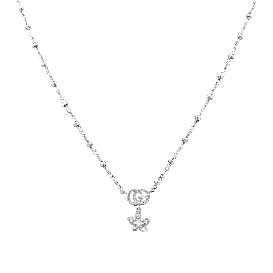 GUCCI Double G Brand Logo Diamond 18K White Gold Necklaces Unisex Silver