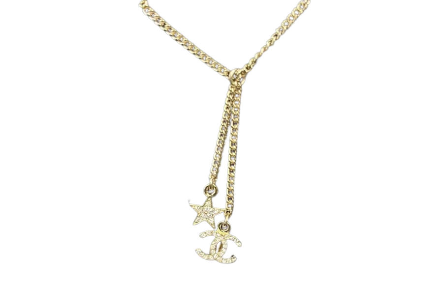CHANEL Double C Rhinestone Necklaces Women's Gold