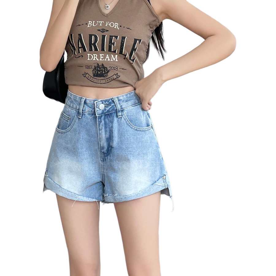 Tonlion Denim Shorts Women's Light Blue Thin Straight Fit Pants