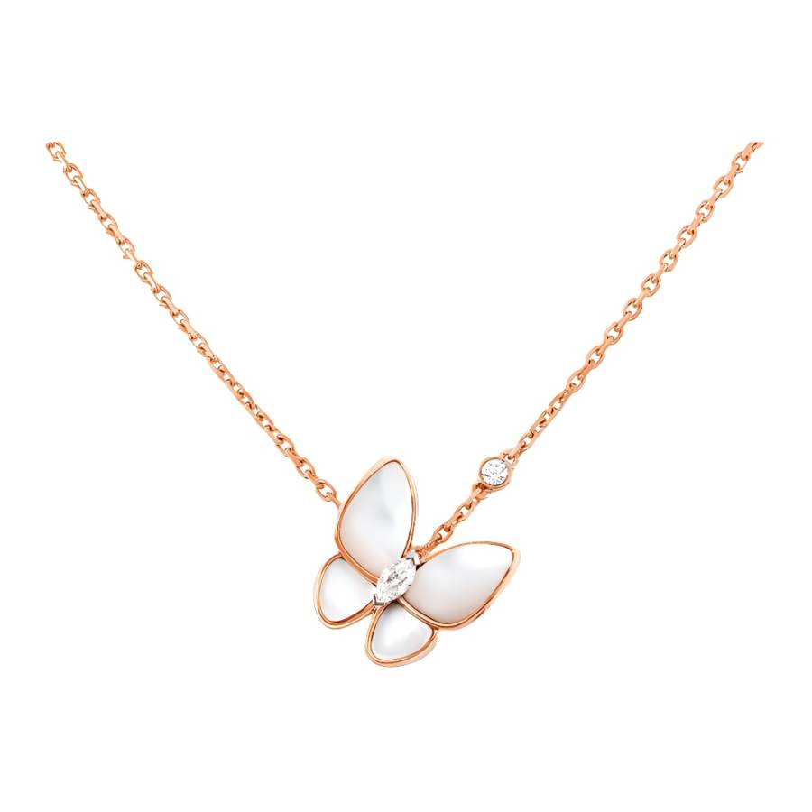 Van Cleef & Arpels Two Butterfly Series 18K Gold, Diamond, Mother Of Pearl Necklaces Unisex Rose Gold
