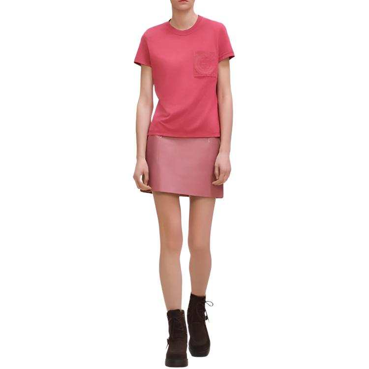 HERMES T Shirts Women's Pink Crew Neck Moderate Straight Fit