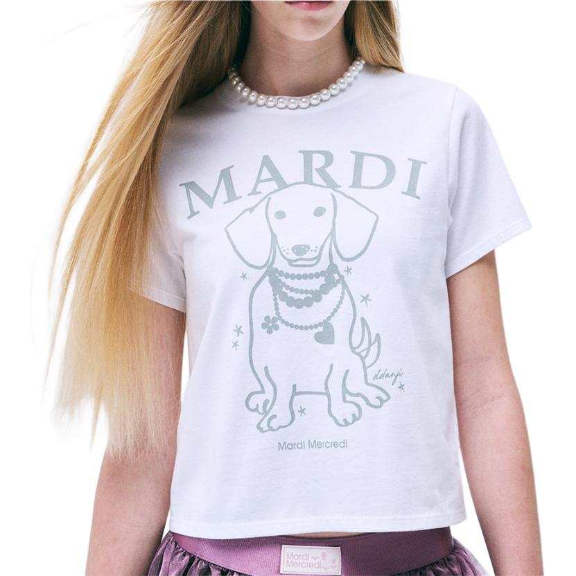 MARDI MERCREDI Pearl Puppy T Shirt Women's White, Light Gray Korean Style