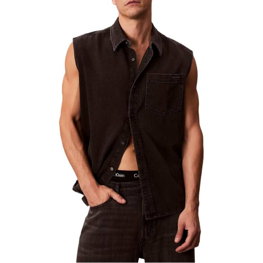 Calvin Klein Vests Men's Charcoal Pointed Collar Moderate Denim