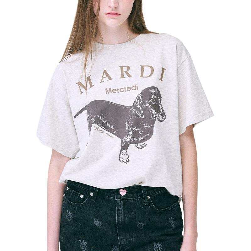 MARDI MERCREDI Dachshund Puppy Drop Shoulder Sleeve T Shirt Women's Oat Gray Umber