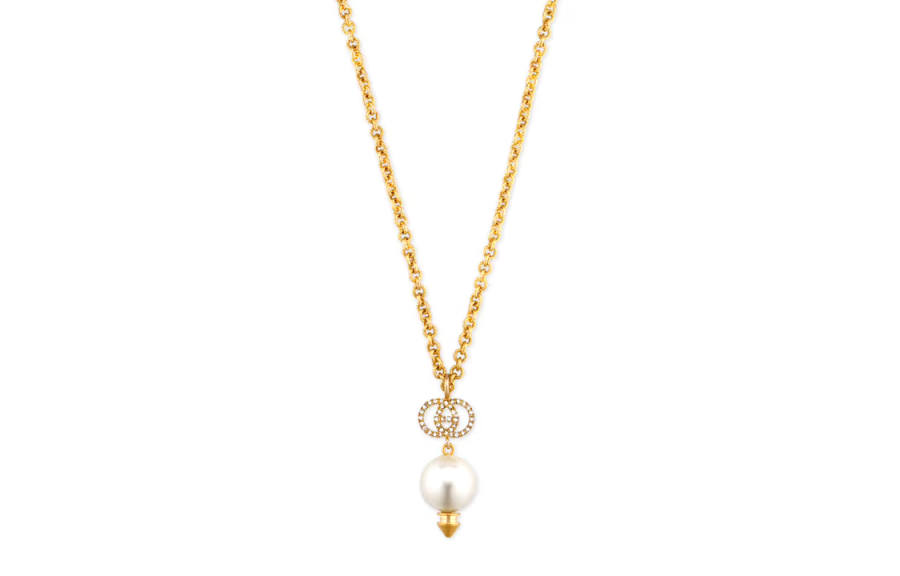 GUCCI 1990-2024 Plated Gg Faux Pearl Drop Pendant Costume Necklace