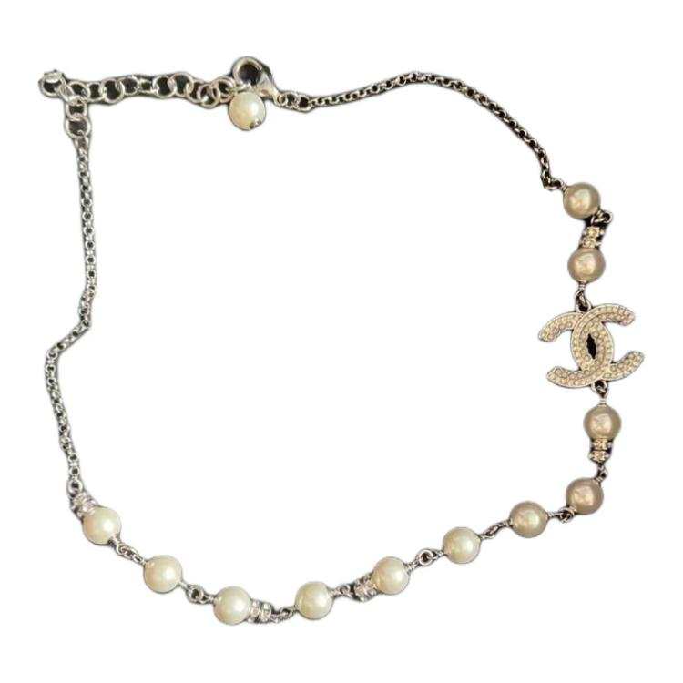 CHANEL Double C Metal, Artificial Pearl, Rhinestone Necklaces Women's Silver