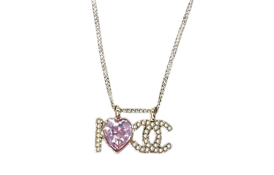 CHANEL Crystal Heart I Love Cc Logo Necklace