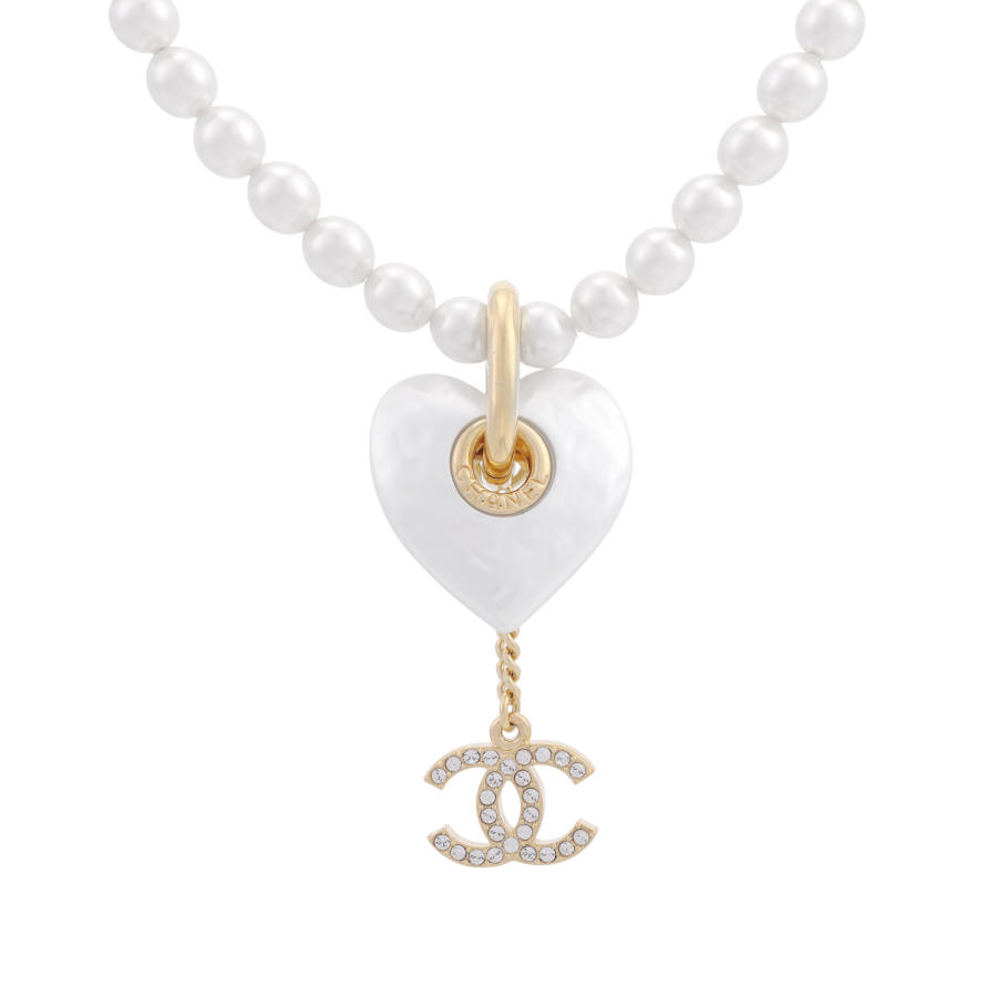 CHANEL Double C Metal, Resin, Artificial Pearl, Crystal, Rhinestone Necklaces Women's White