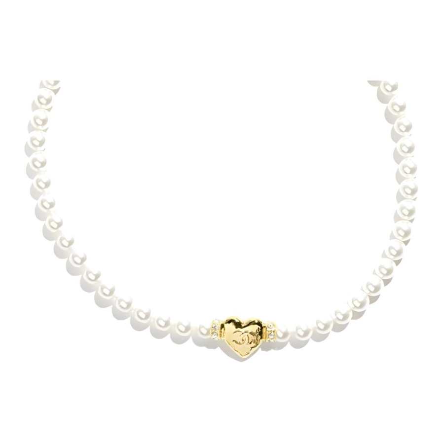 CHANEL Heart Style Metal, Artificial Pearl, Pearl, Rhinestone, Crystal Necklaces Women's White