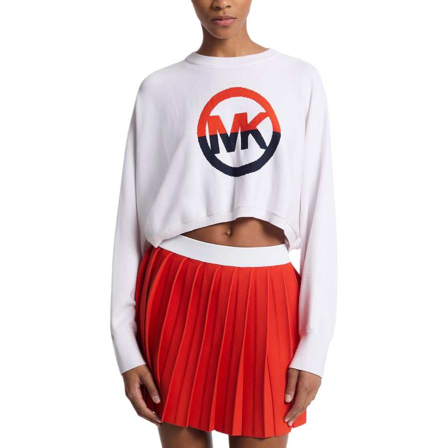 MICHAEL KORS Color Block Logo Cotton Blend Cropped Sweater