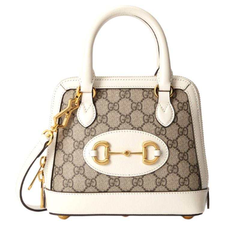 GUCCI Canvas With Leather Dome Bag, Crossbody Handbag, Shoulder Bag Mini Women's Ebony/White
